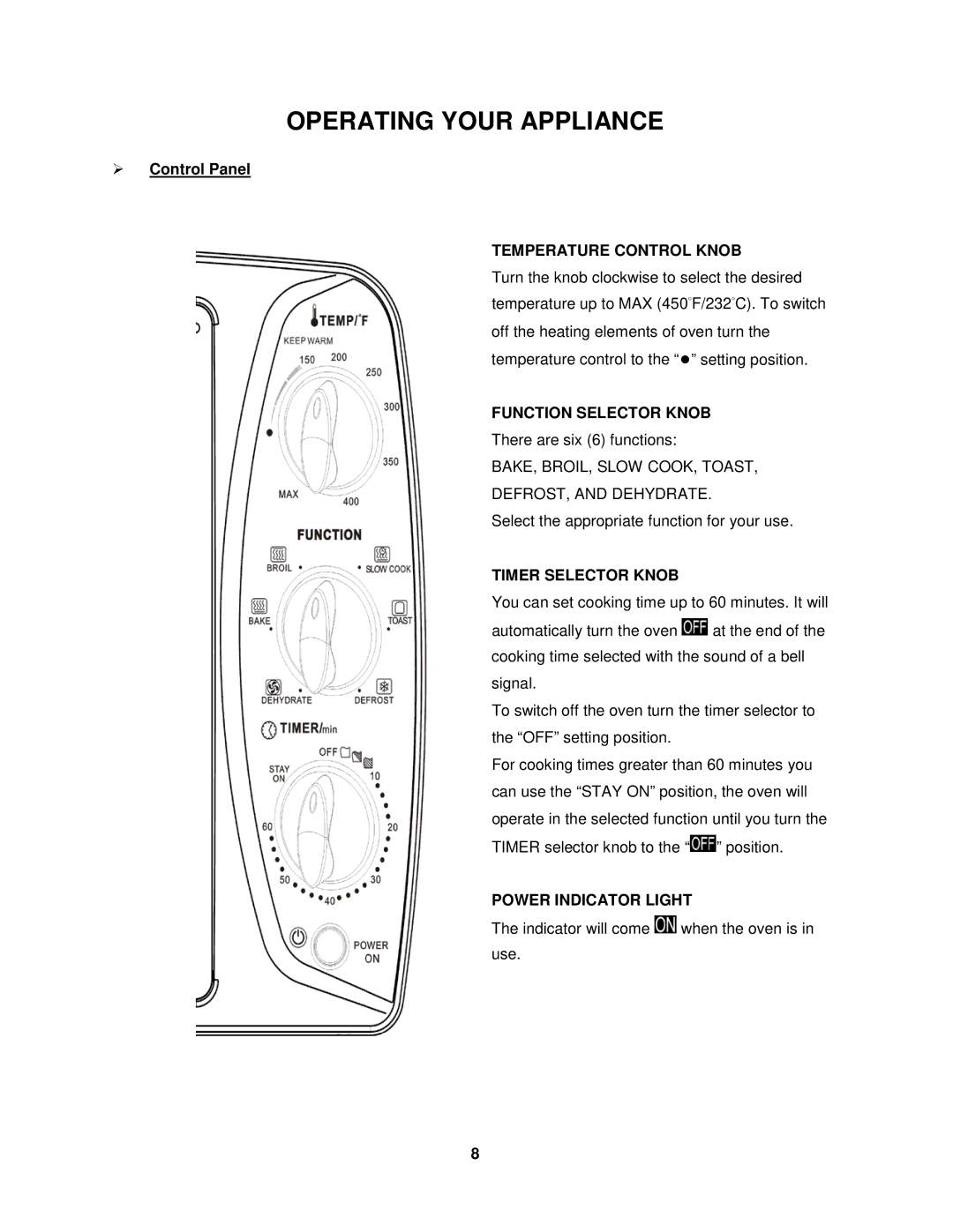 Avanti T-160C Operating Your Appliance, Temperature Control Knob, Function Selector Knob, Timer Selector Knob 