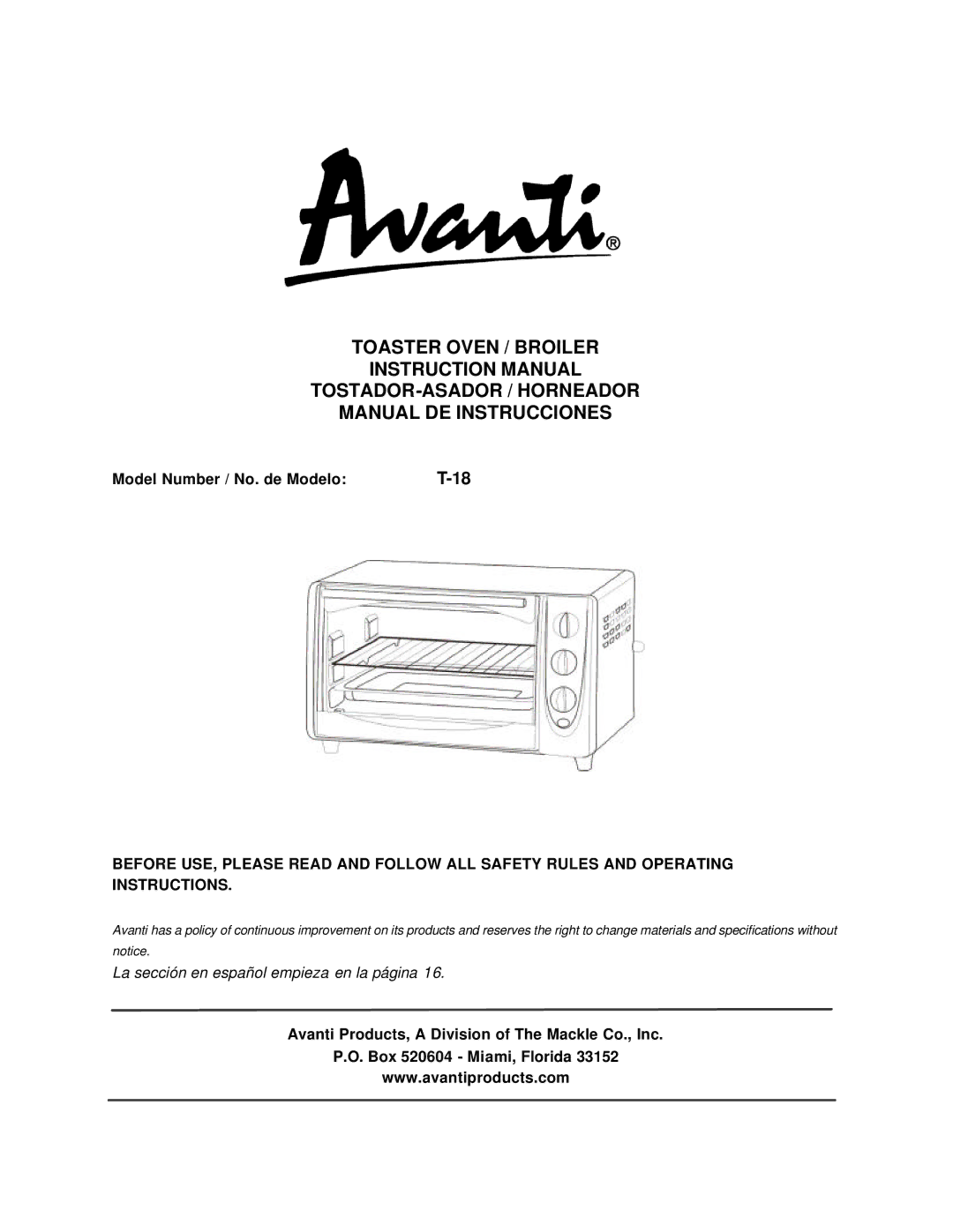 Avanti T-18 instruction manual Model Number / No. de Modelo 