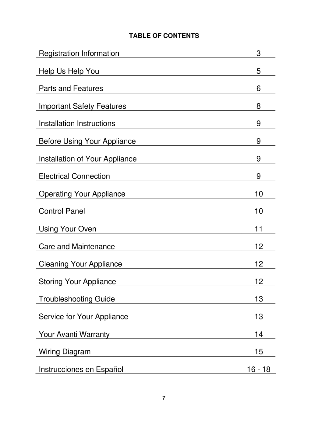 Avanti T-18 instruction manual Table of Contents 