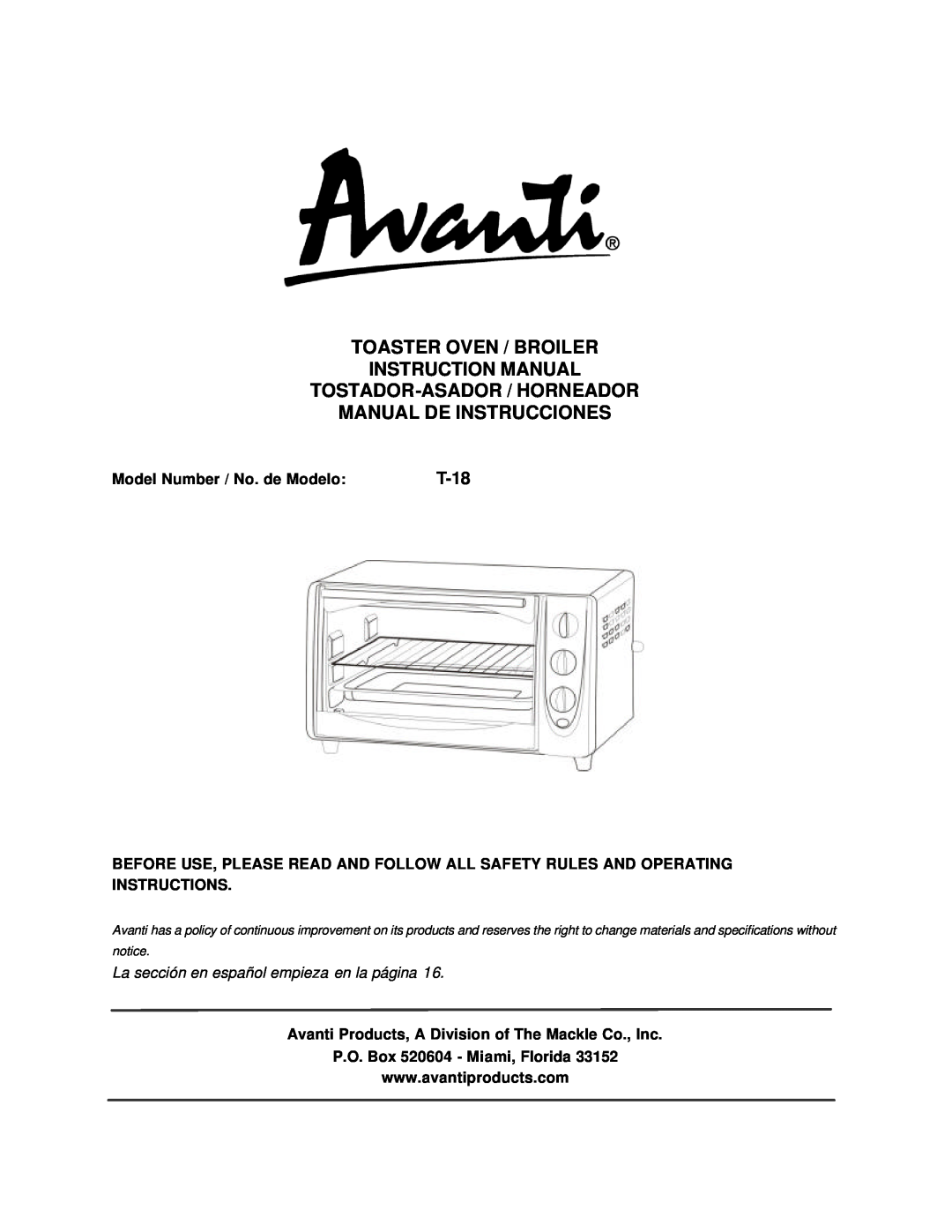Avanti T-18 instruction manual Model Number / No. de Modelo, La sección en español empieza en la página 