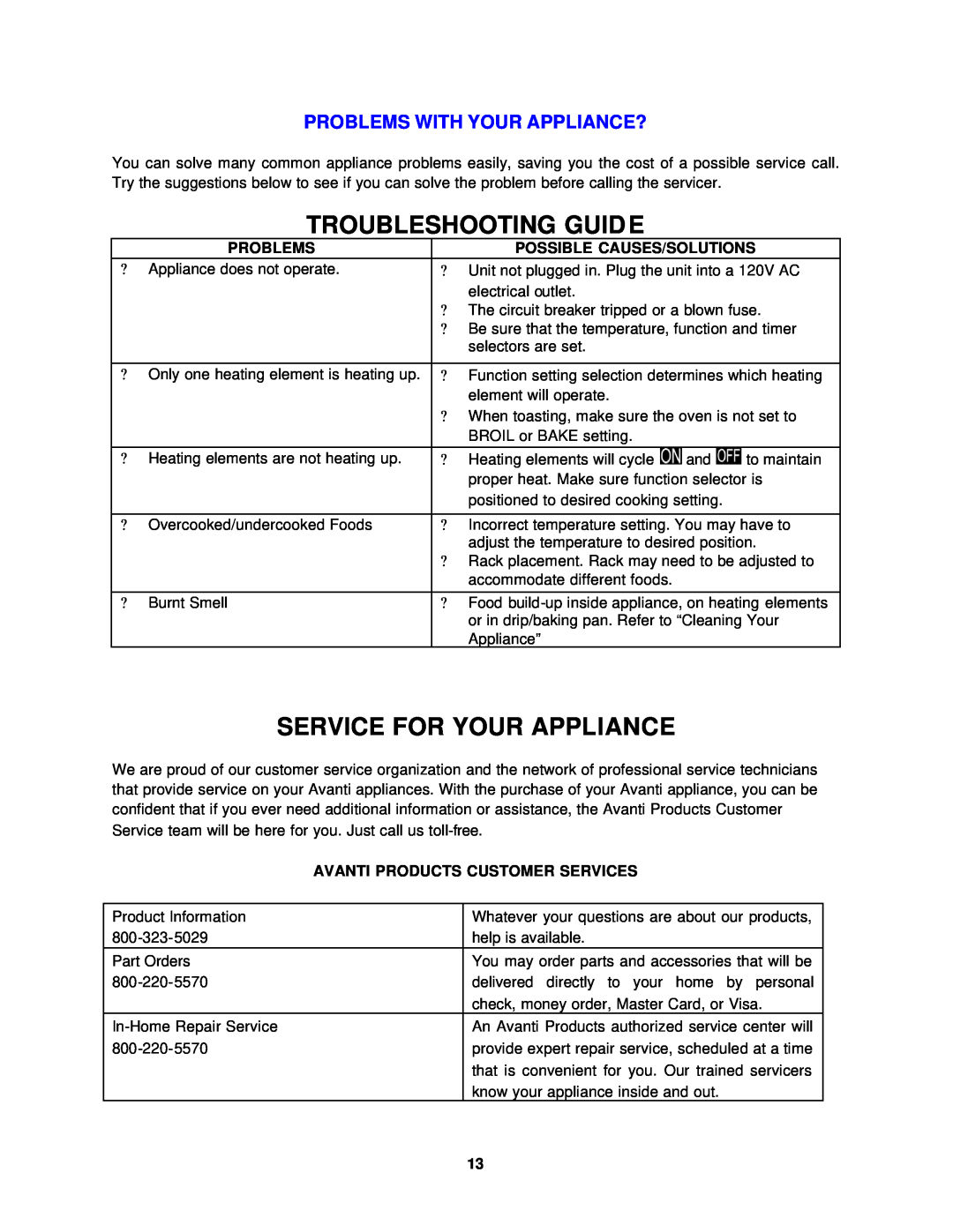 Avanti T-18 Troubleshooting Guide, Service For Your Appliance, Problems With Your Appliance?, Possible Causes/Solutions 