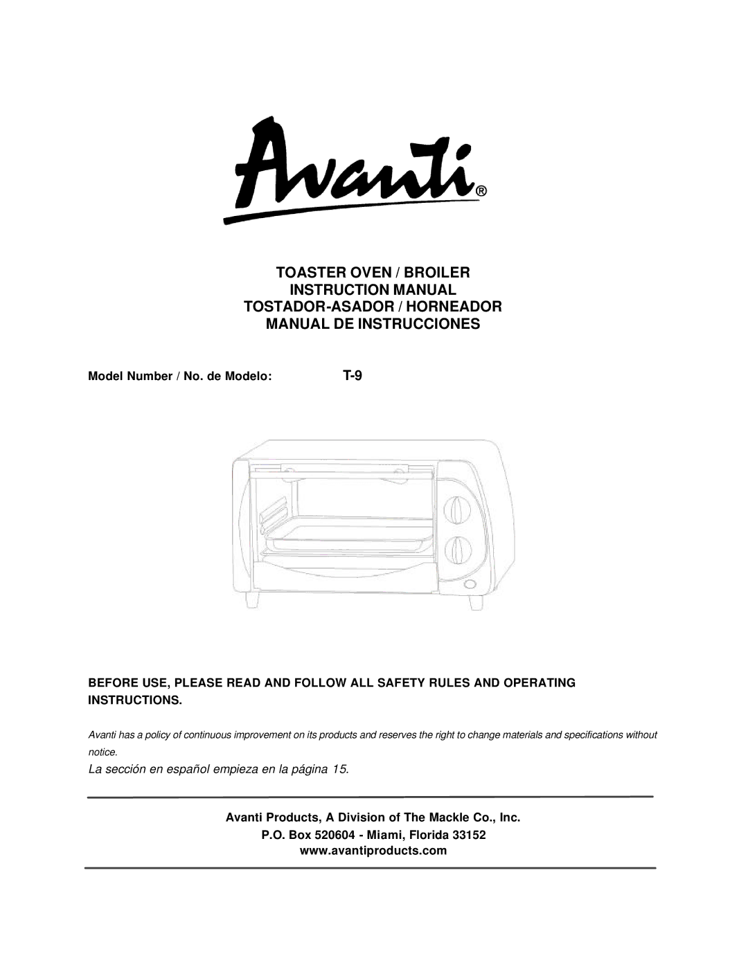 Avanti T-9 instruction manual Model Number / No. de Modelo 