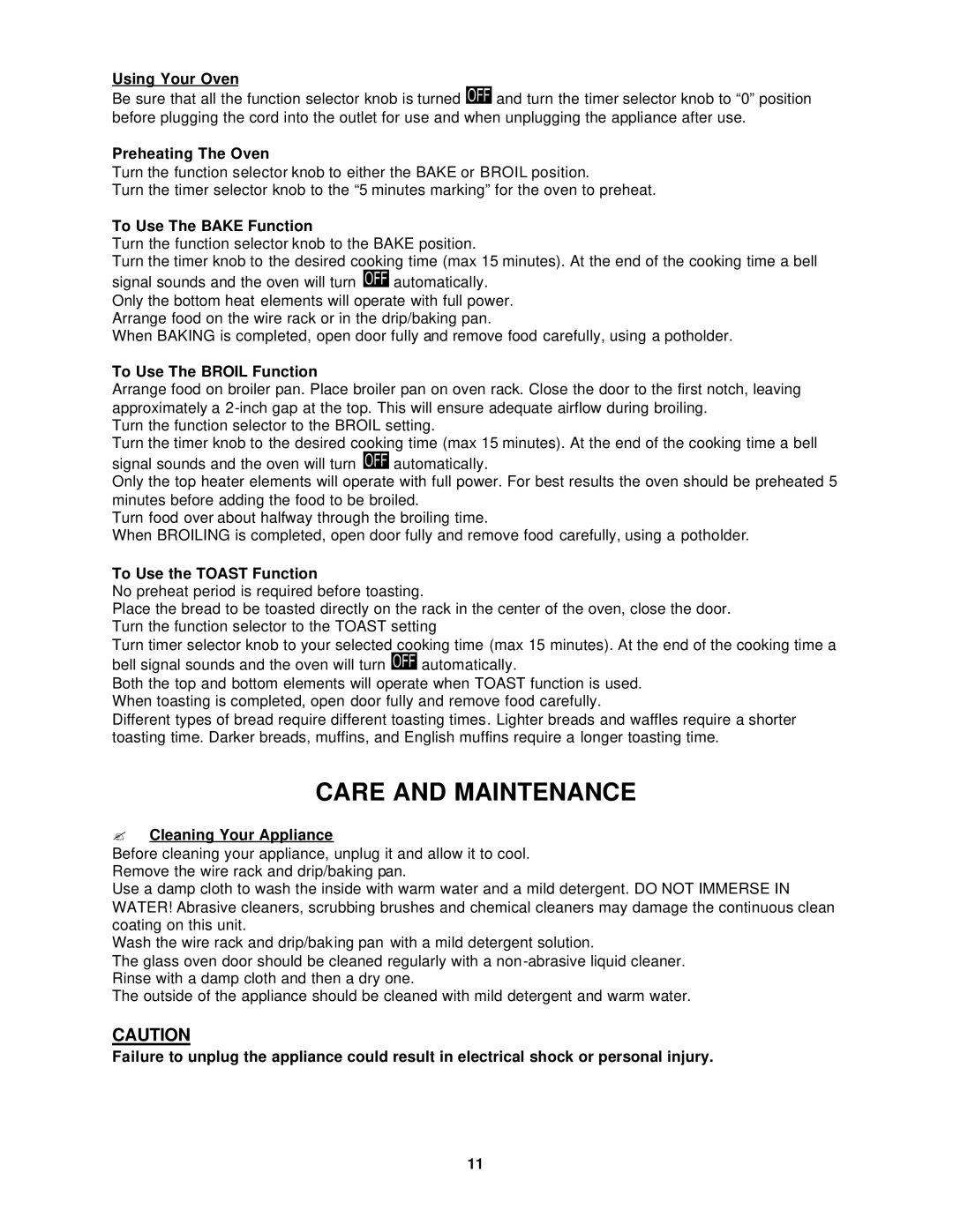 Avanti T-9 instruction manual Care and Maintenance 