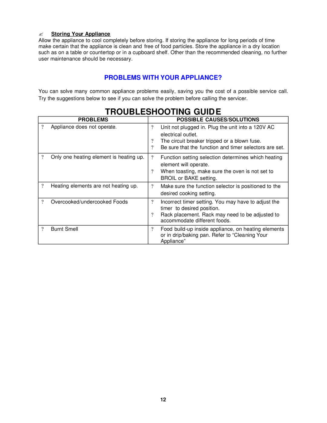 Avanti T-9 instruction manual Troubleshooting Guide, ? Storing Your Appliance, Problems Possible CAUSES/SOLUTIONS 