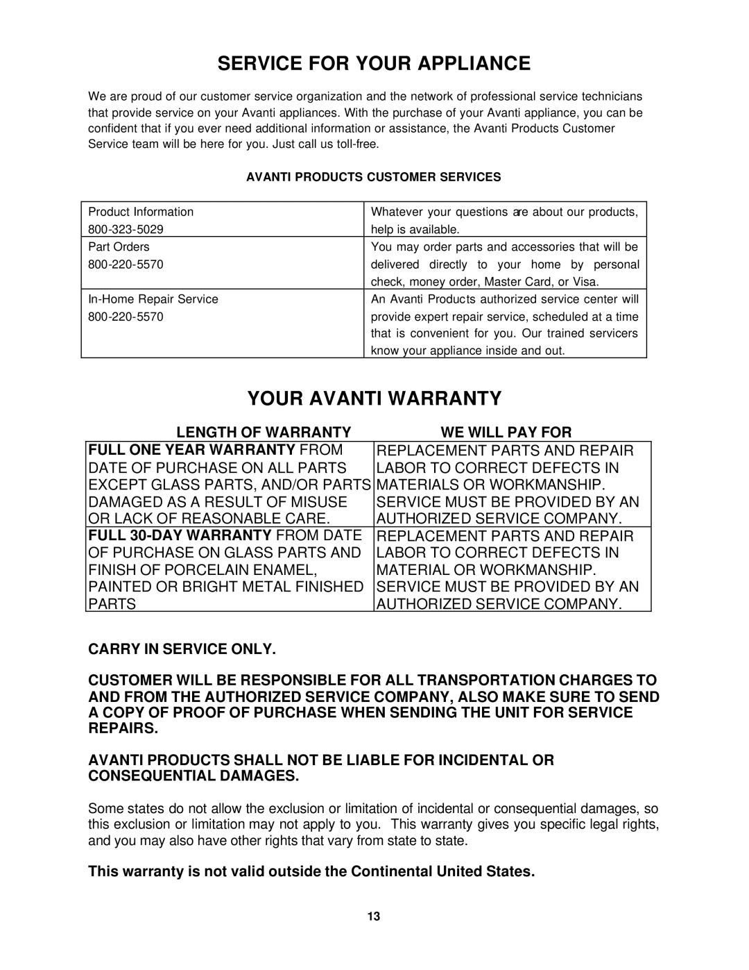 Avanti T-9 instruction manual Service for Your Appliance, Your Avanti Warranty, Full 30-DAY Warranty from Date 