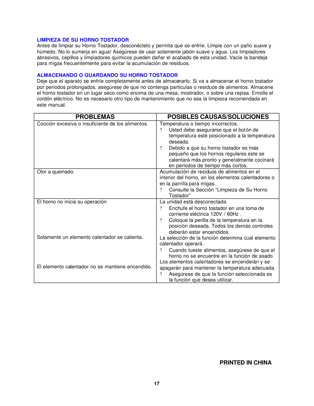 Avanti T-9 instruction manual Problemas Posibles CAUSAS/SOLUCIONES, Limpieza DE SU Horno Tostador 