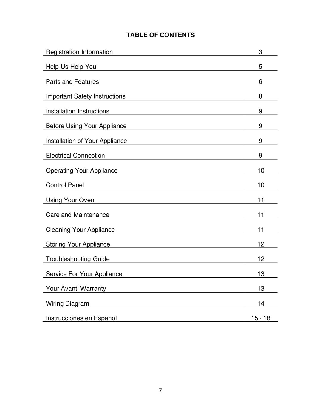 Avanti T-9 instruction manual Table of Contents 