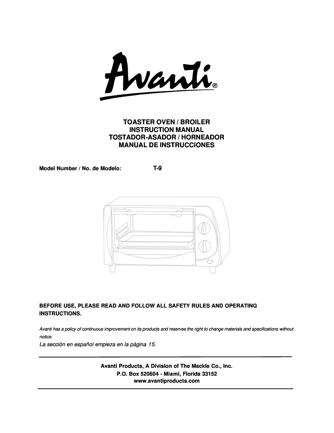 Avanti T-9 instruction manual Manual De Instrucciones, Model Number / No. de Modelo, P.O. Box 520604 - Miami, Florida 