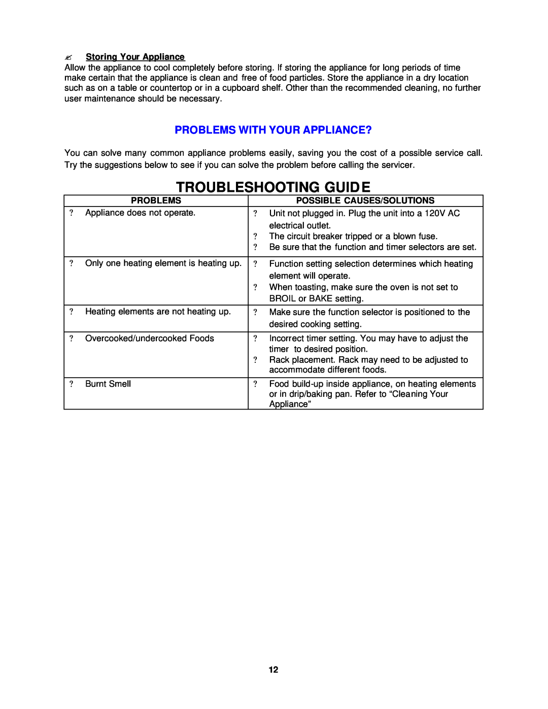 Avanti T-9 Troubleshooting Guide, Problems With Your Appliance?, ? Storing Your Appliance, Possible Causes/Solutions 