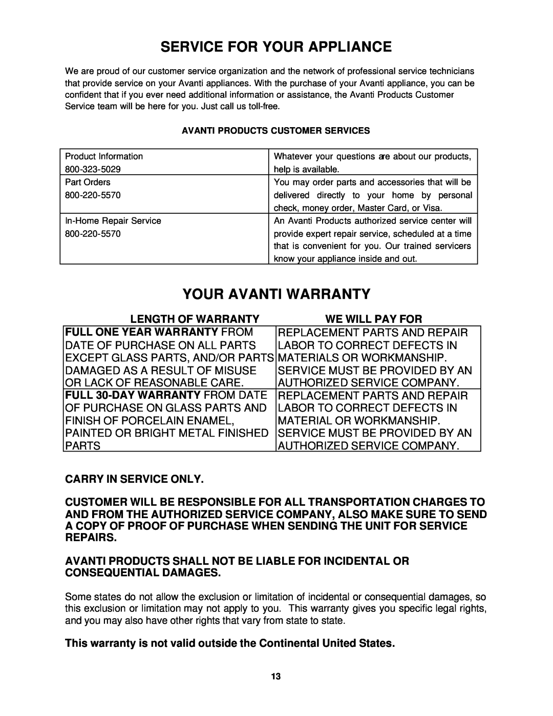Avanti T-9 Service For Your Appliance, Your Avanti Warranty, Length Of Warranty, We Will Pay For, Carry In Service Only 