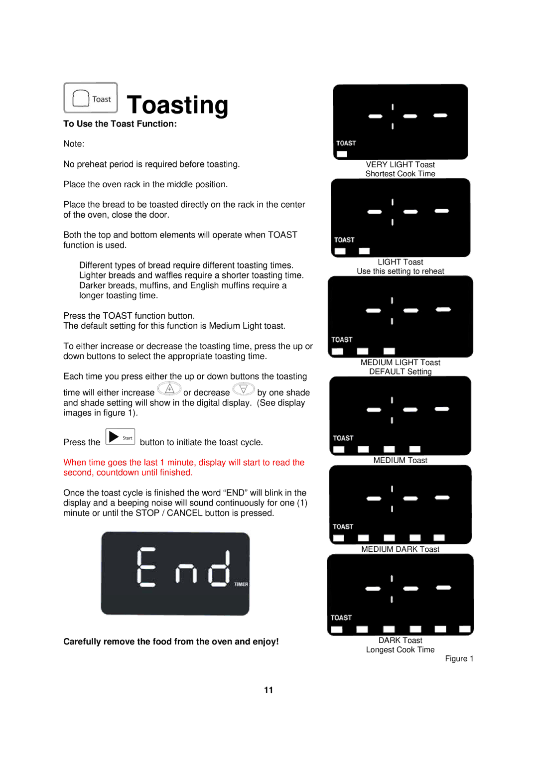 Avanti TD-25 instruction manual To Use the Toast Function, Carefully remove the food from the oven and enjoy 