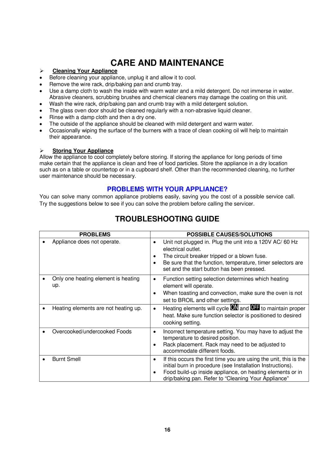 Avanti TD-25 instruction manual Troubleshooting Guide, ¾ Cleaning Your Appliance, ¾ Storing Your Appliance 