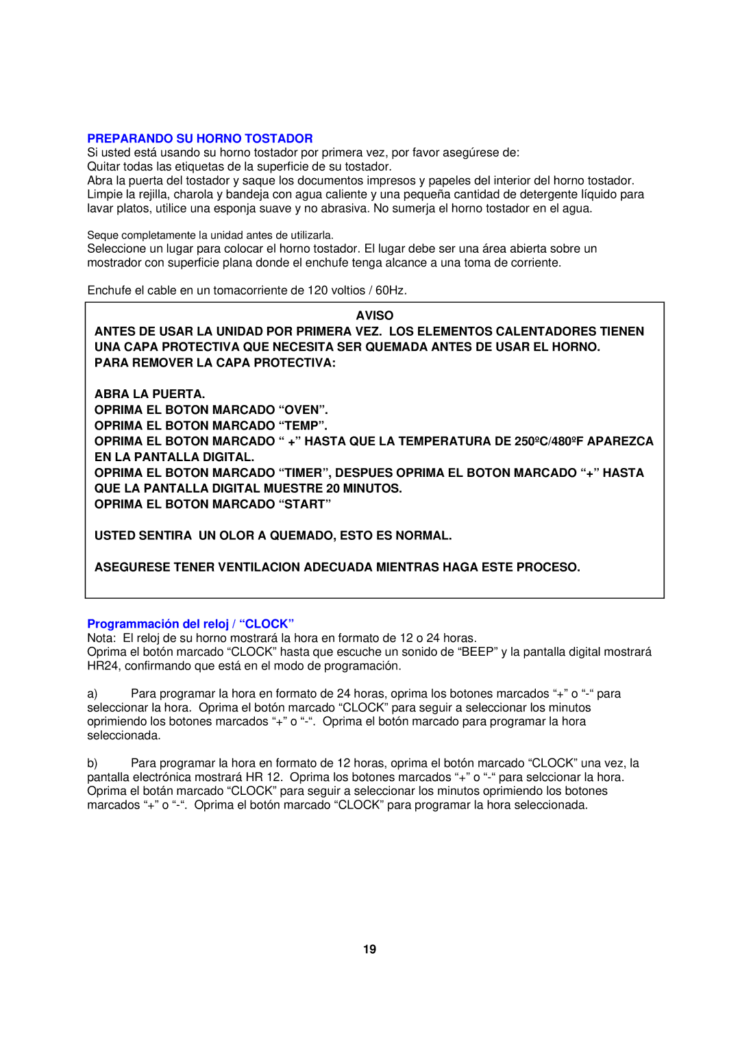 Avanti TD-25 instruction manual Preparando SU Horno Tostador 