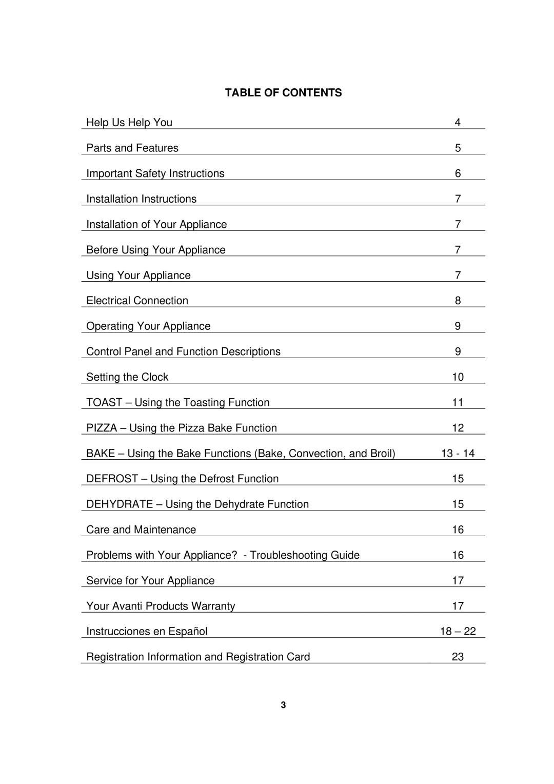 Avanti TD-25 instruction manual Table of Contents 