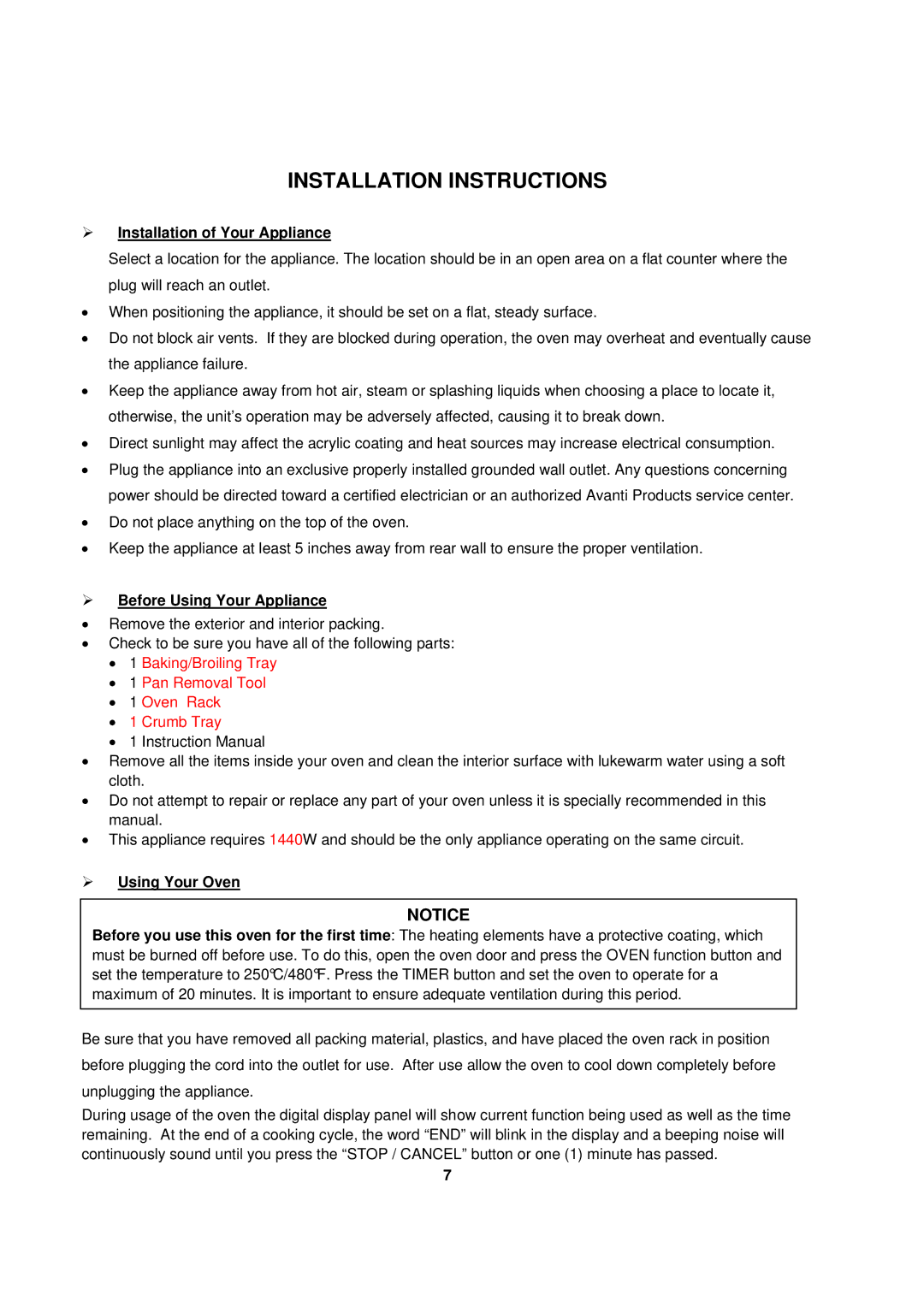 Avanti TD-25 Installation Instructions, ¾ Installation of Your Appliance, ¾ Before Using Your Appliance, ¾ Using Your Oven 