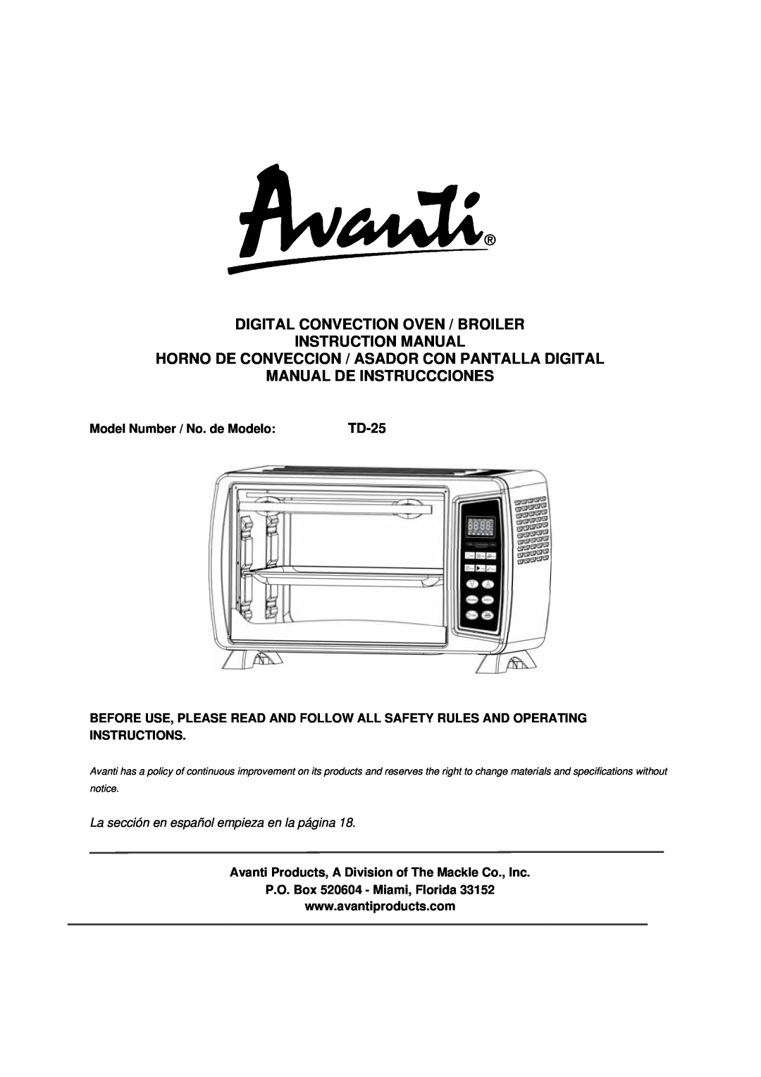 Avanti TD-25 instruction manual Digital Convection Oven / Broiler, Horno De Conveccion / Asador Con Pantalla Digital 
