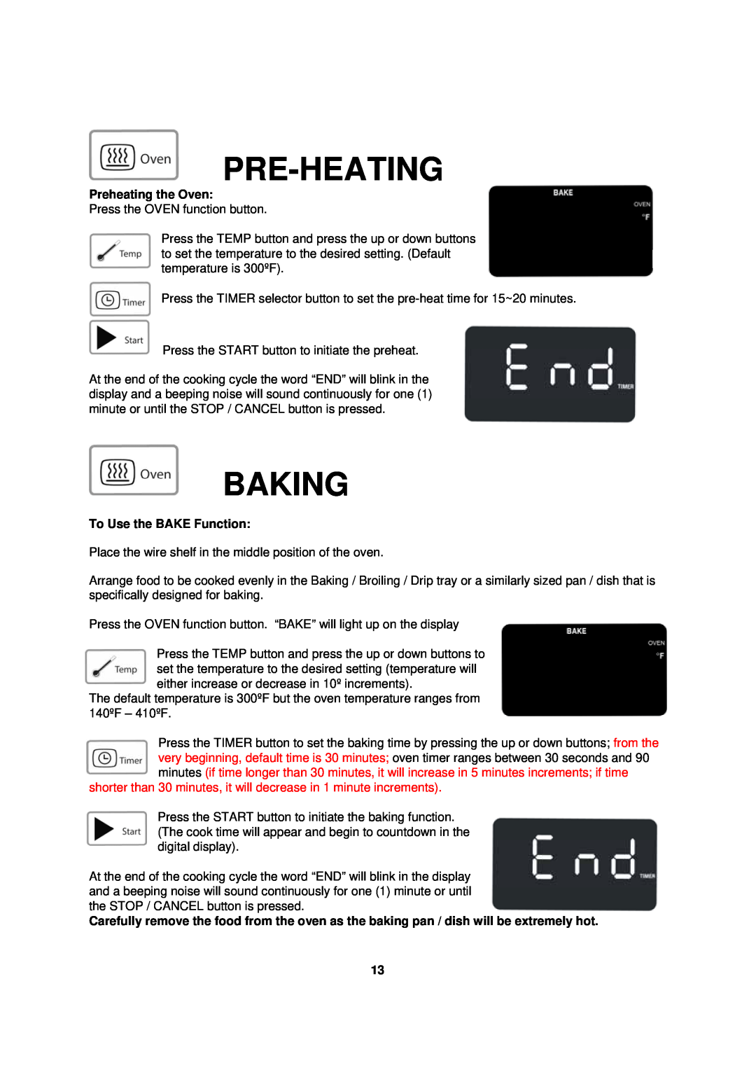 Avanti TD-25 instruction manual Pre-Heating, Baking, Preheating the Oven, To Use the BAKE Function 