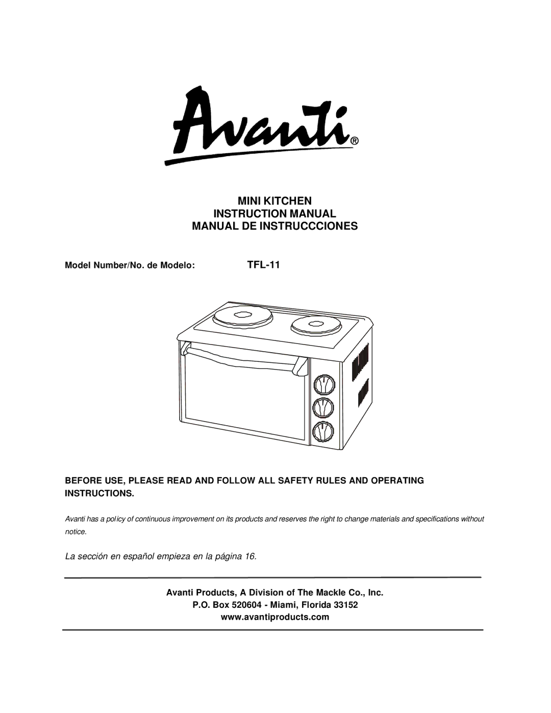 Avanti TFL-11 instruction manual Mini Kitchen Manual DE Instruccciones, Model Number/No. de Modelo 