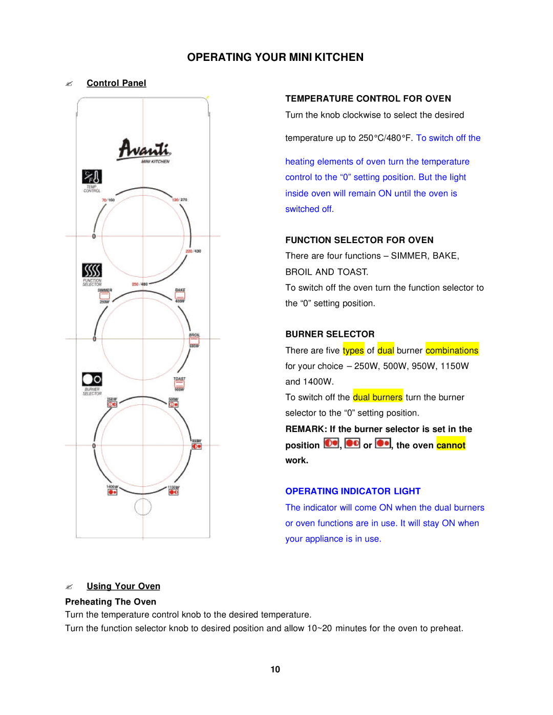 Avanti TFL-11 instruction manual Operating Your Mini Kitchen, ? Control Panel, ? Using Your Oven Preheating The Oven 