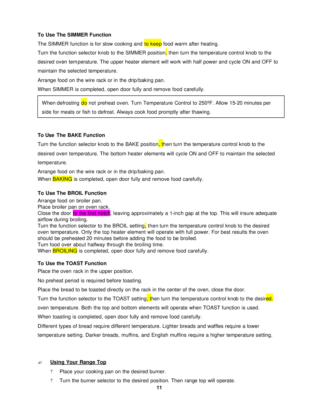 Avanti TFL-11 To Use The Simmer Function, To Use The Bake Function, To Use The Broil Function, To Use the Toast Function 
