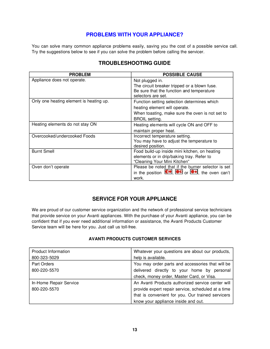 Avanti TFL-11 instruction manual Troubleshooting Guide, Service for Your Appliance 