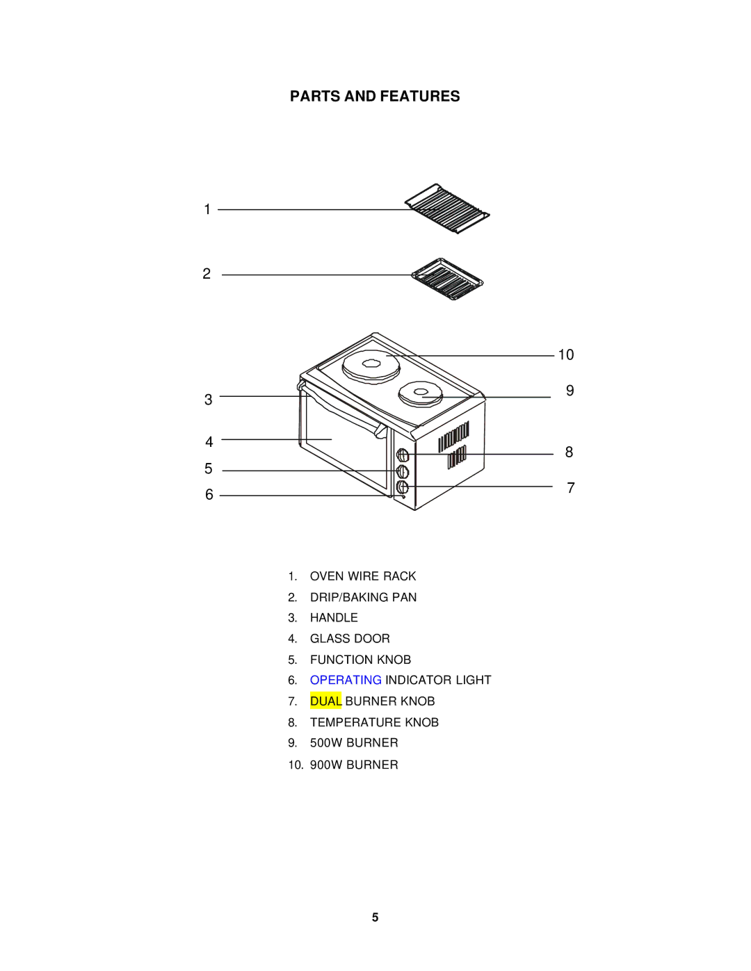 Avanti TFL-11 instruction manual Parts and Features 