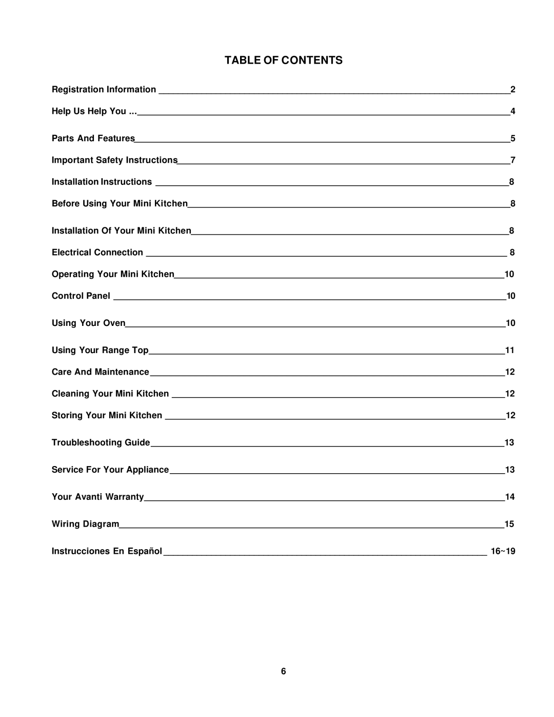 Avanti TFL-11 instruction manual Table of Contents 