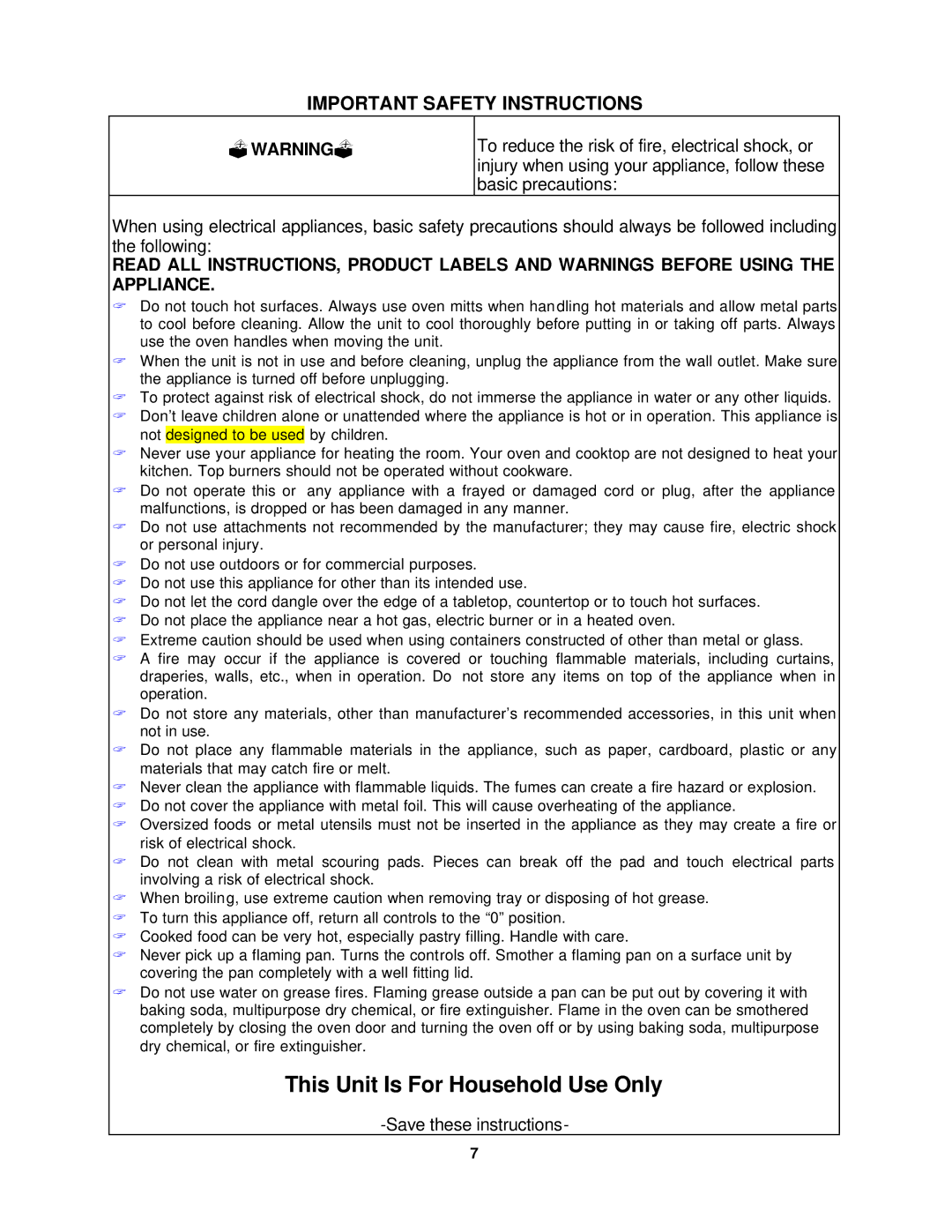 Avanti TFL-11 instruction manual Important Safety Instructions, ?Warning? 