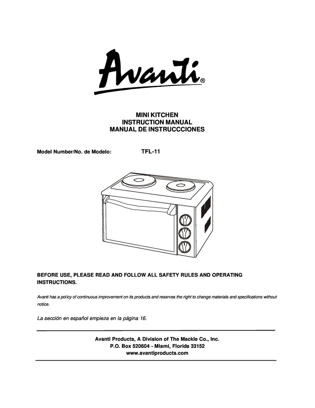 Avanti TFL-11 instruction manual Model Number/No. de Modelo, La sección en español empieza en la página 