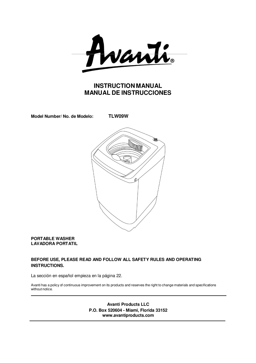 Avanti TLW09W instruction manual Manual DE Instrucciones 