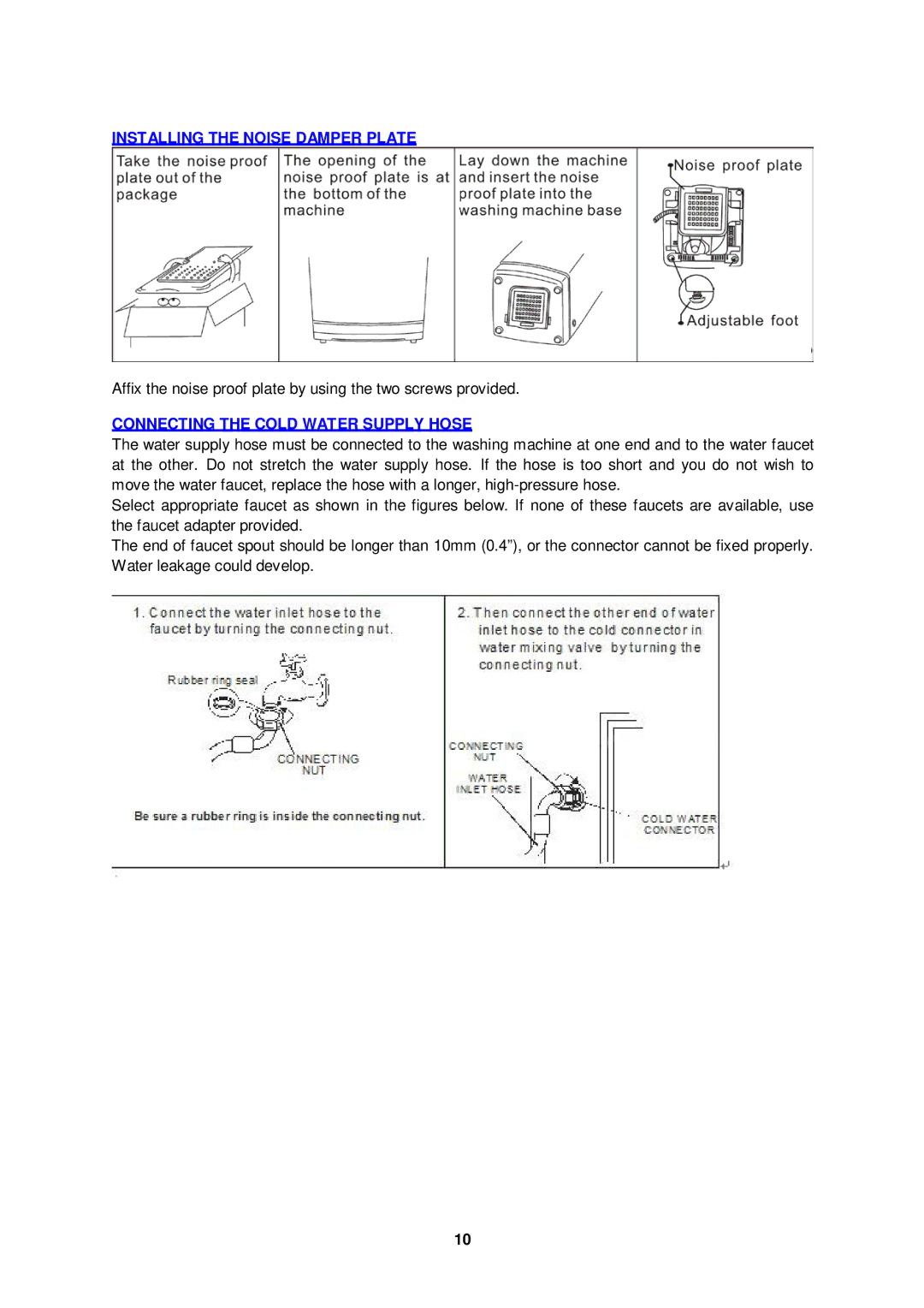 Avanti TLW09W instruction manual Installing the Noise Damper Plate, Connecting the Cold Water Supply Hose 