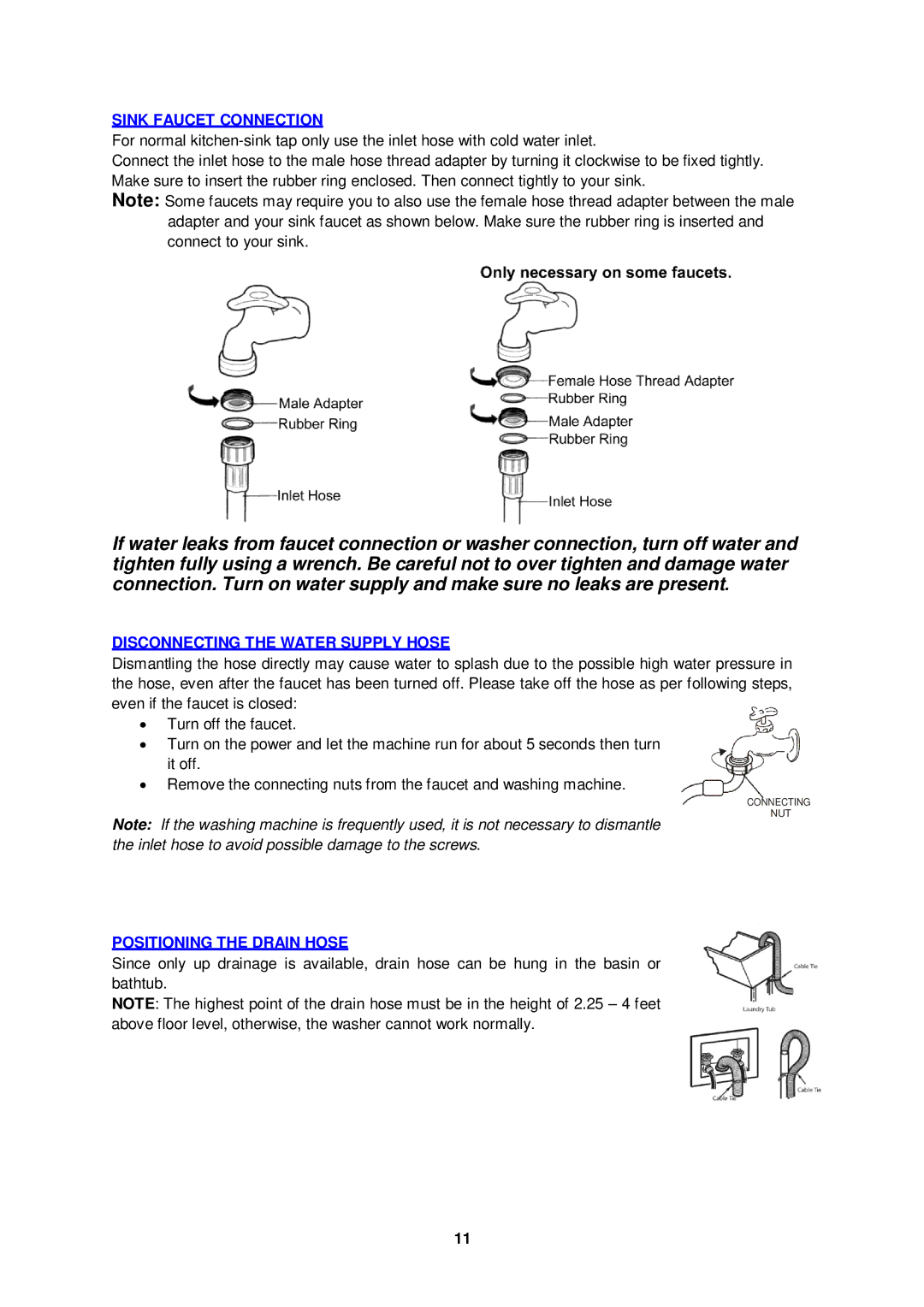 Avanti TLW09W instruction manual Sink Faucet Connection, Disconnecting the Water Supply Hose, Positioning the Drain Hose 