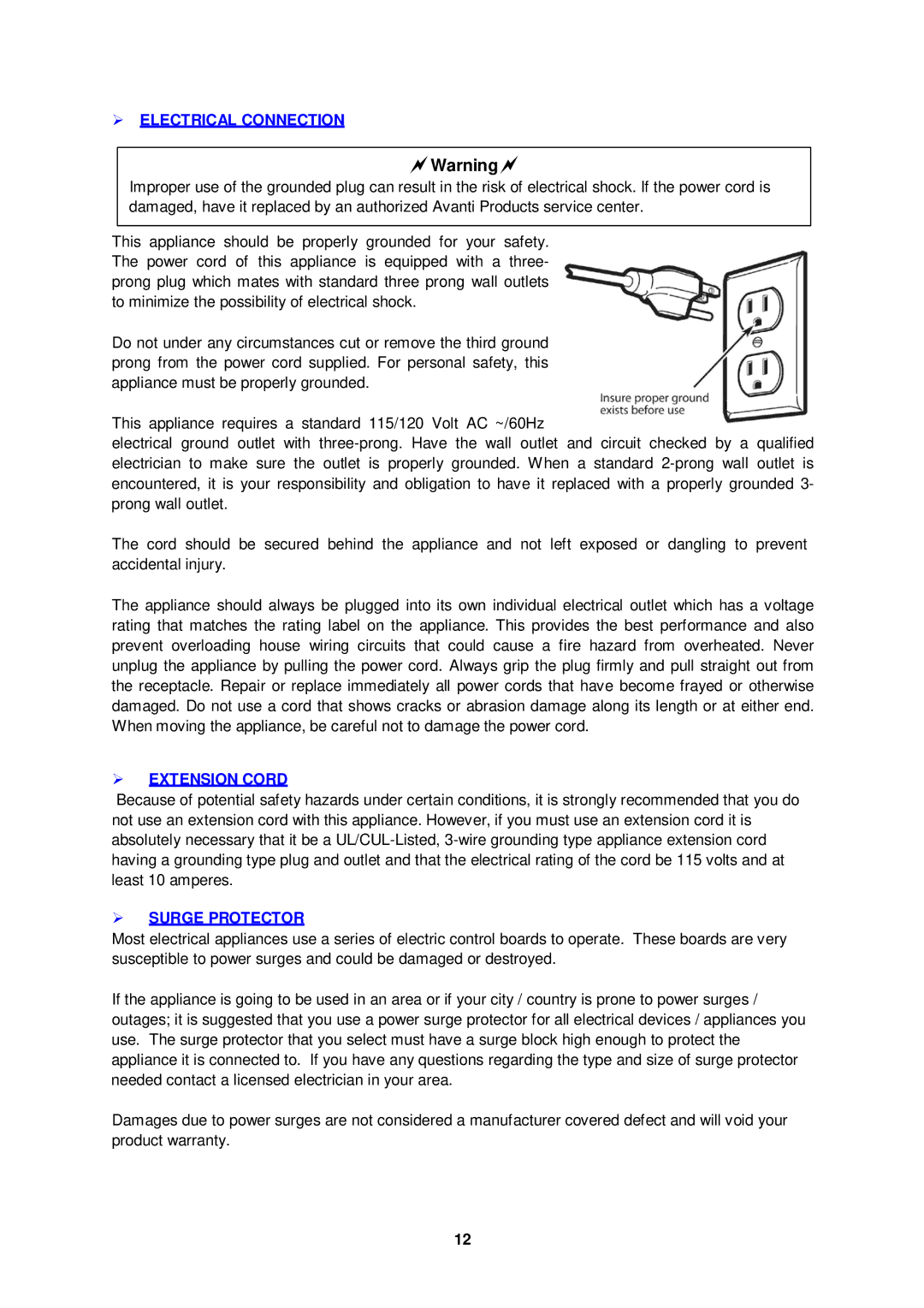 Avanti TLW09W instruction manual  Electrical Connection,  Extension Cord,  Surge Protector 