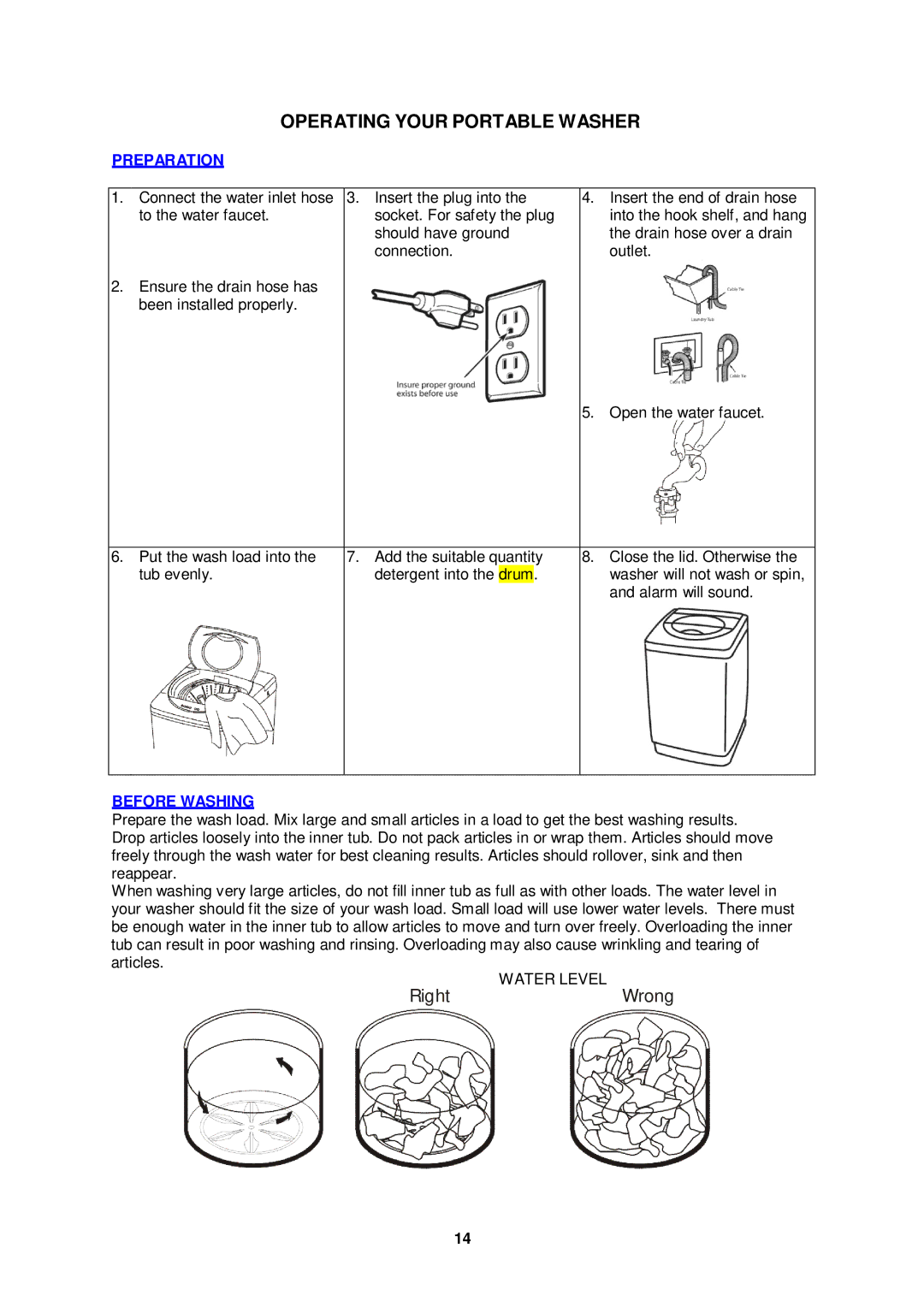 Avanti TLW09W instruction manual Operating Your Portable Washer, Preparation, Before Washing 