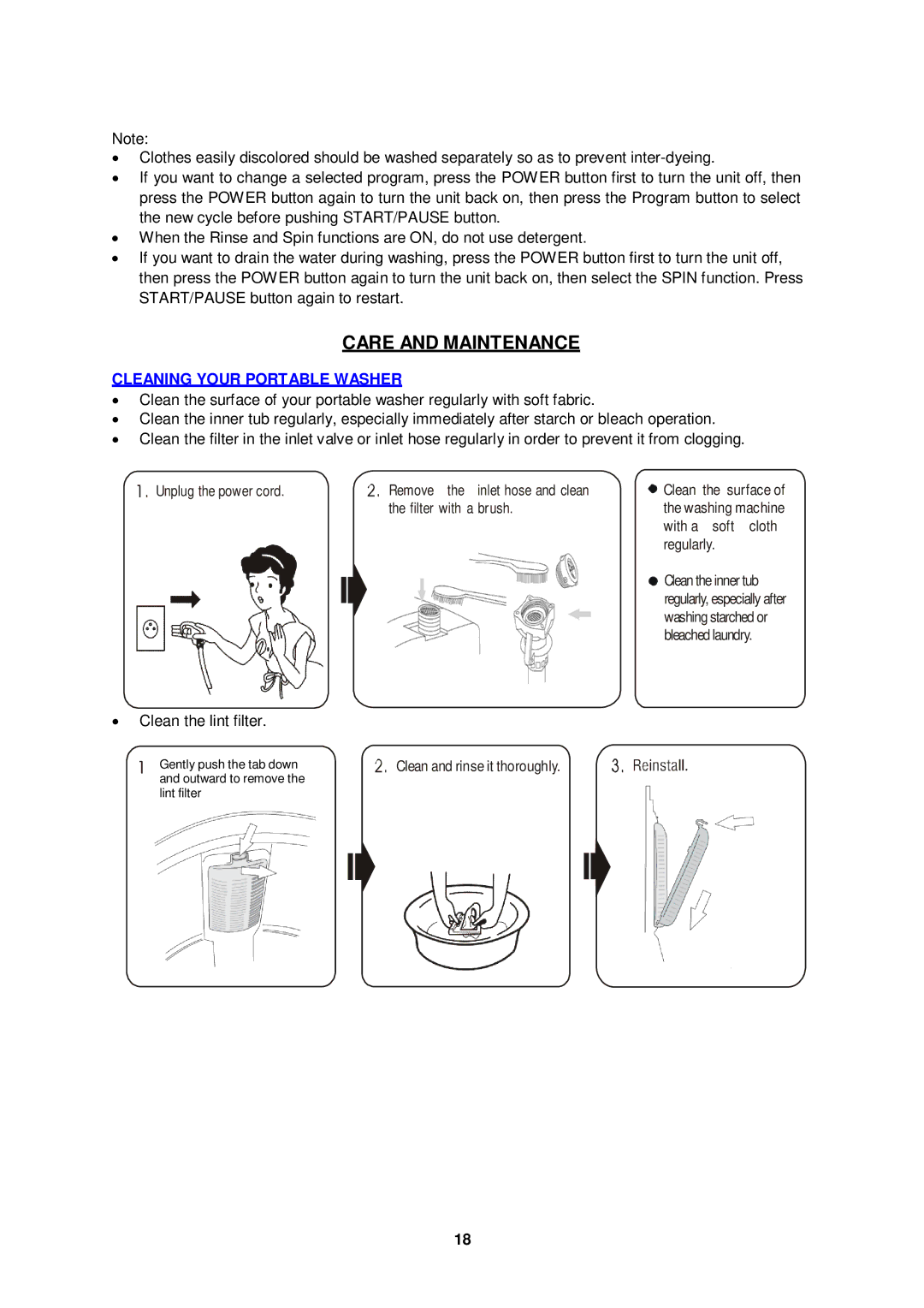 Avanti TLW09W instruction manual Care and Maintenance, Cleaning Your Portable Washer 