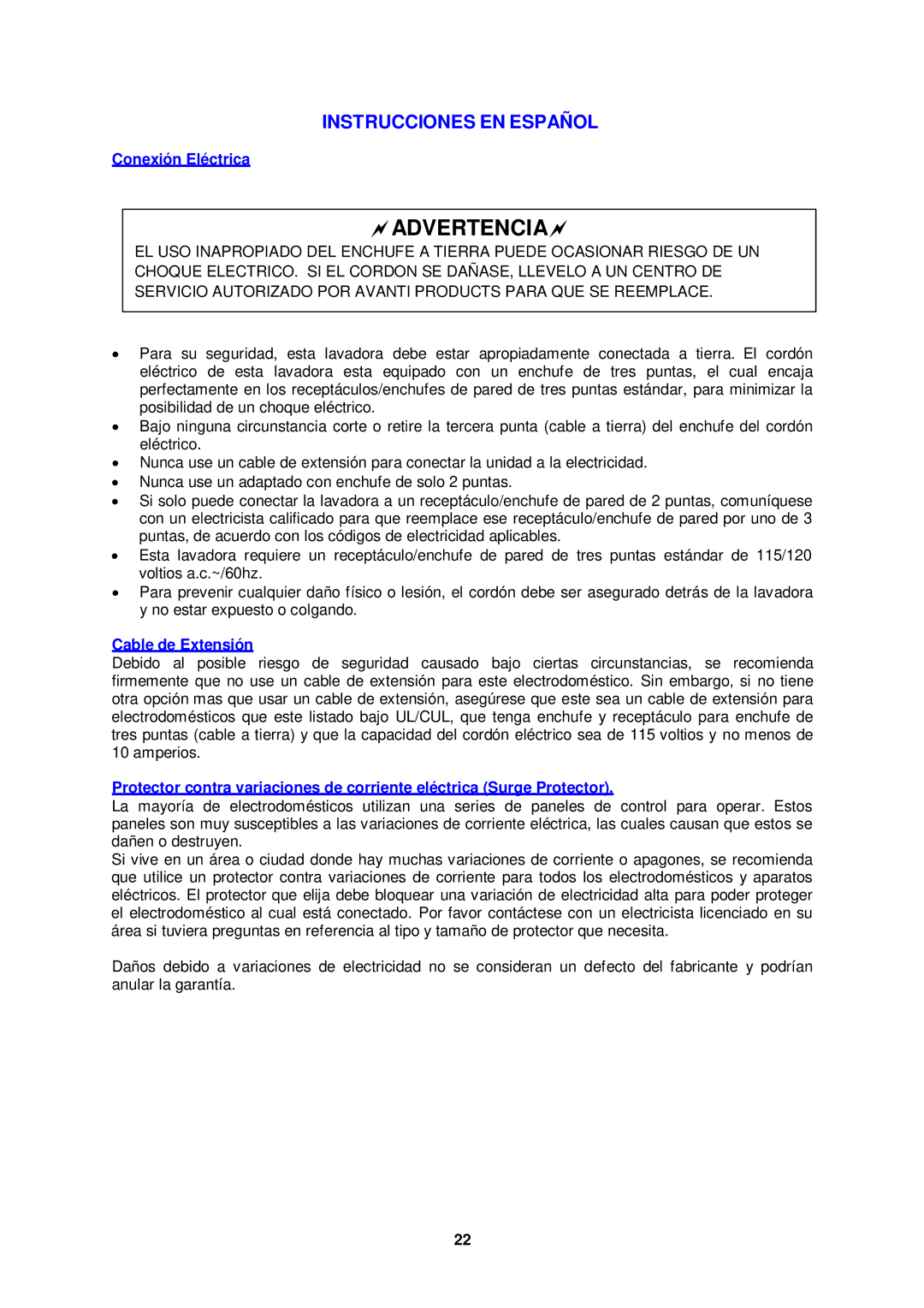 Avanti TLW09W instruction manual Advertencia 