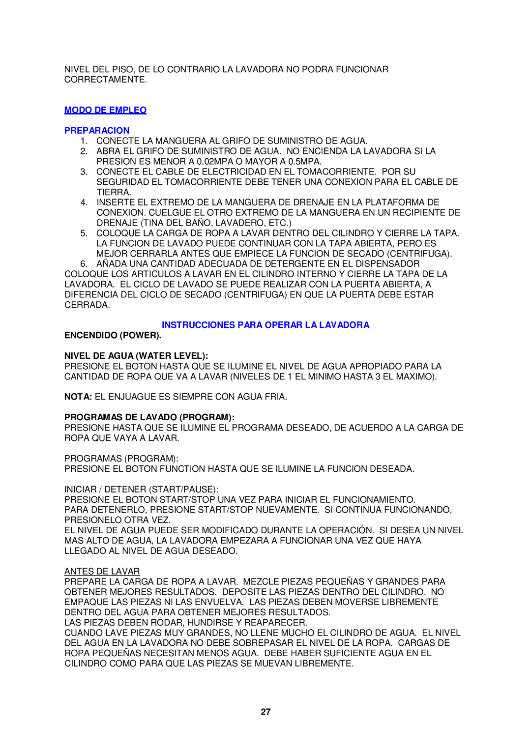 Avanti TLW09W instruction manual Modo DE Empleo Preparacion, Instrucciones Para Operar LA Lavadora 