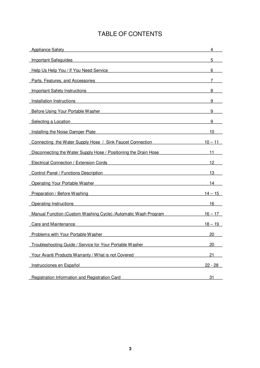 Avanti TLW09W instruction manual Table of Contents 