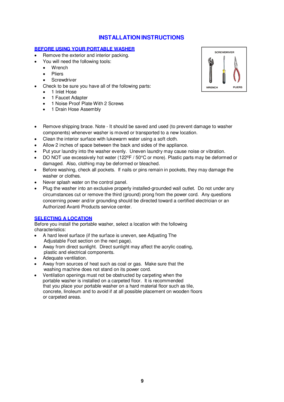 Avanti TLW09W instruction manual Before Using Your Portable Washer, Selecting a Location 