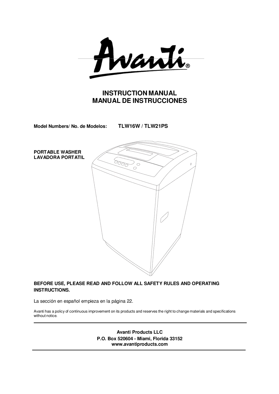 Avanti TLW21PS, TLW16W instruction manual Model Numbers/ No. de Modelos, Avanti Products LLC Box 520604 Miami, Florida 