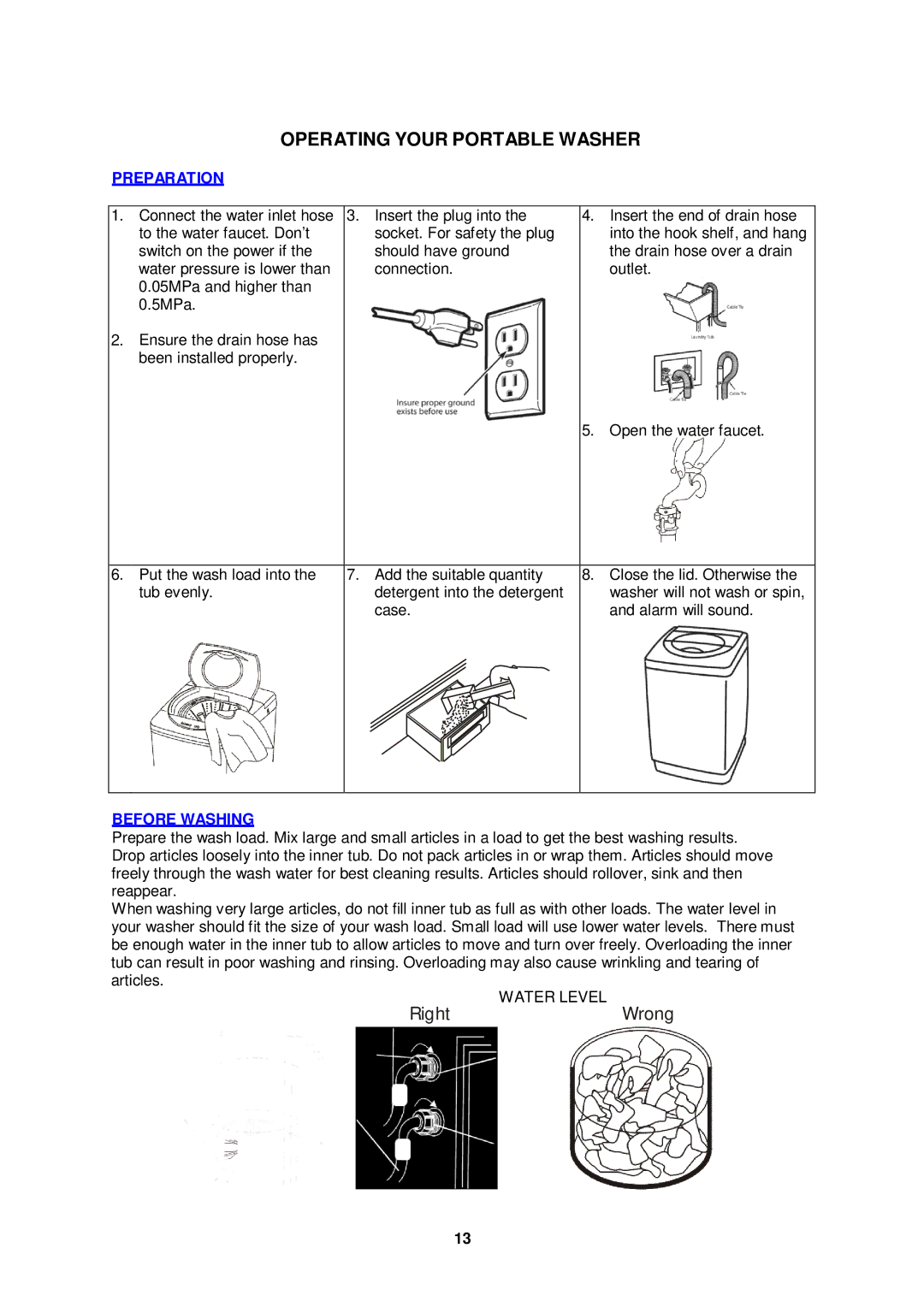 Avanti TLW21PS, TLW16W instruction manual Operating Your Portable Washer, Preparation, Before Washing 