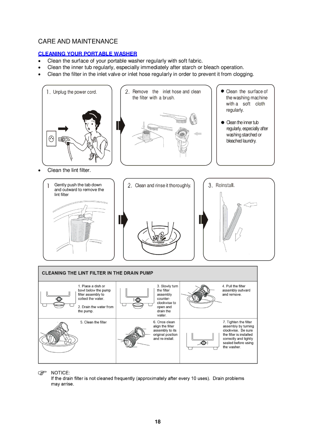 Avanti TLW16W, TLW21PS instruction manual Care and Maintenance, Cleaning Your Portable Washer 