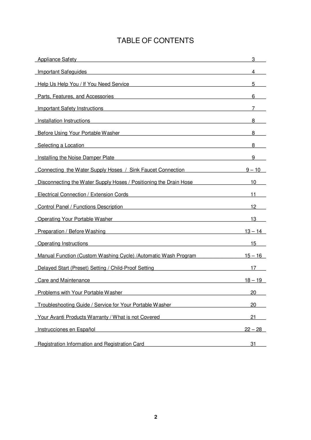 Avanti TLW16W, TLW21PS instruction manual Table of Contents 