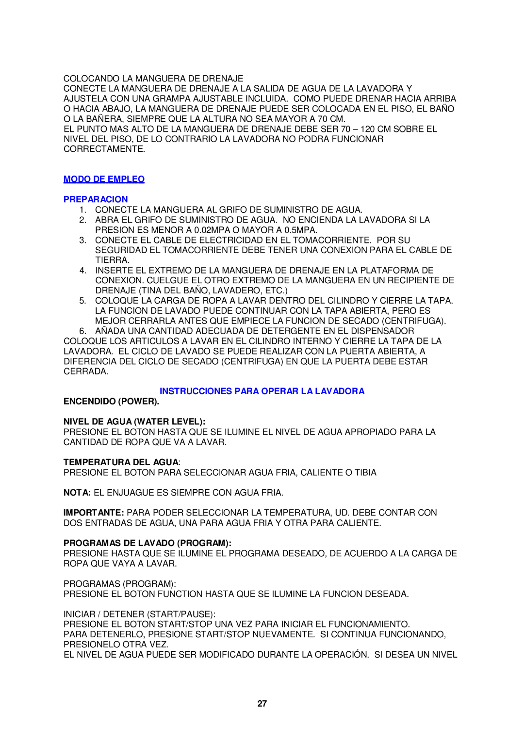 Avanti TLW21PS, TLW16W Modo DE Empleo Preparacion, Instrucciones Para Operar LA Lavadora, Temperatura DEL Agua 