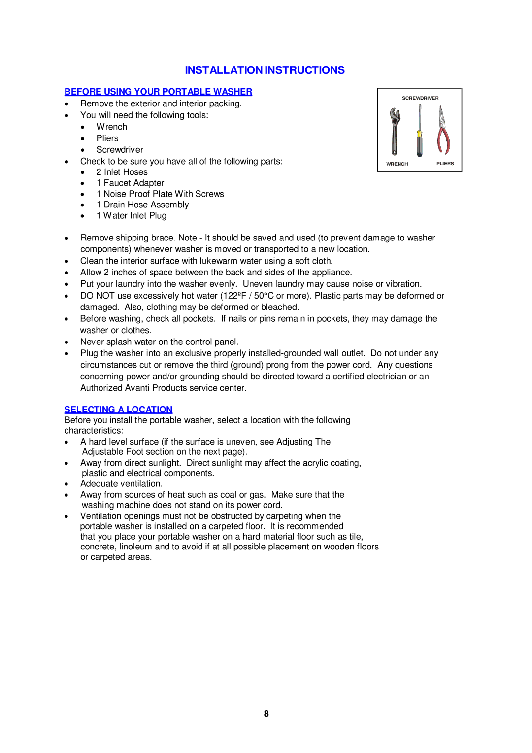 Avanti TLW16W, TLW21PS instruction manual Before Using Your Portable Washer, Selecting a Location 