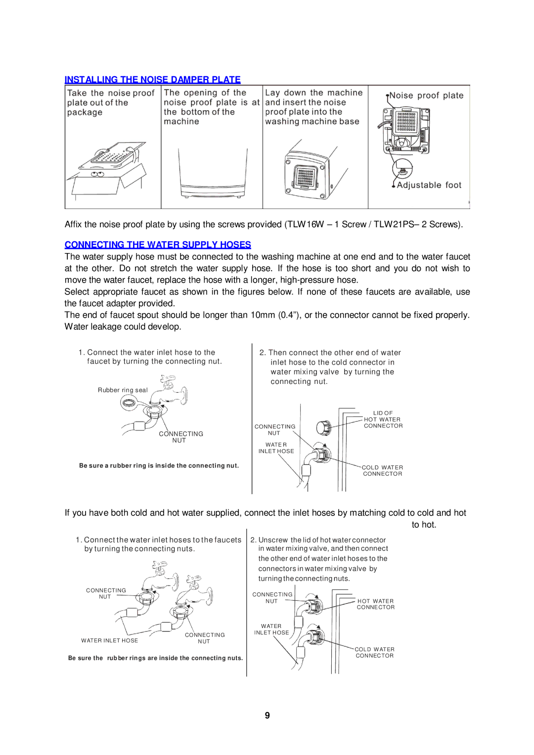 Avanti TLW21PS, TLW16W instruction manual Installing the Noise Damper Plate, Connecting the Water Supply Hoses 