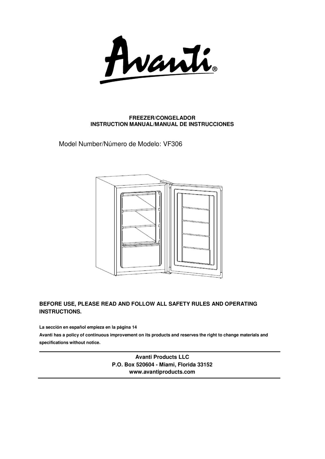 Avanti VF306 instruction manual Freezer/Congelador, Avanti Products LLC Box 520604 Miami, Florida 