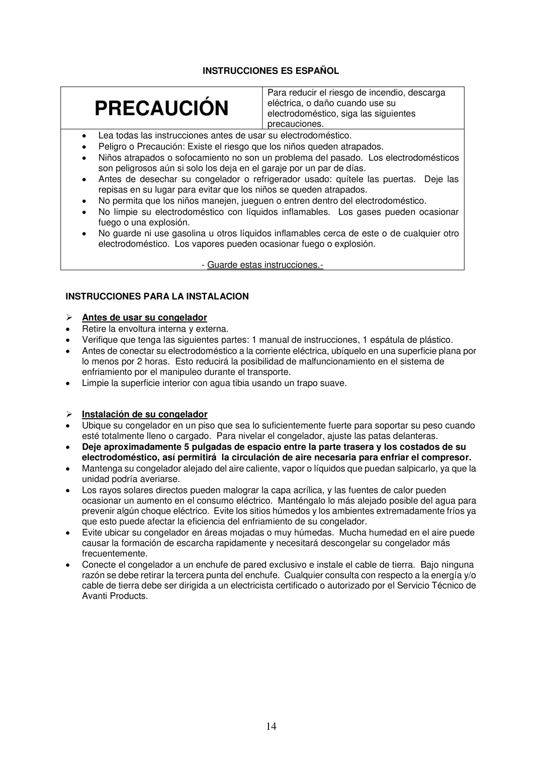 Avanti VF306 instruction manual Instrucciones ES Español, Instrucciones Para LA Instalacion,  Antes de usar su congelador 