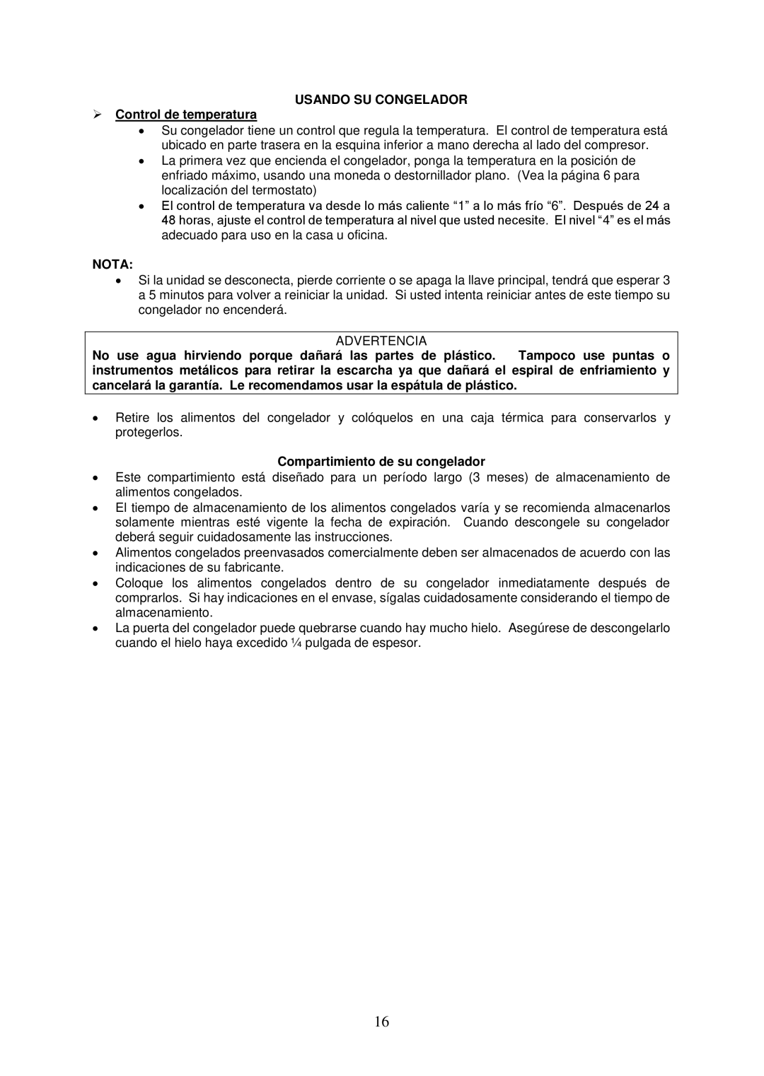 Avanti VF306 instruction manual Usando SU Congelador,  Control de temperatura, Nota, Compartimiento de su congelador 