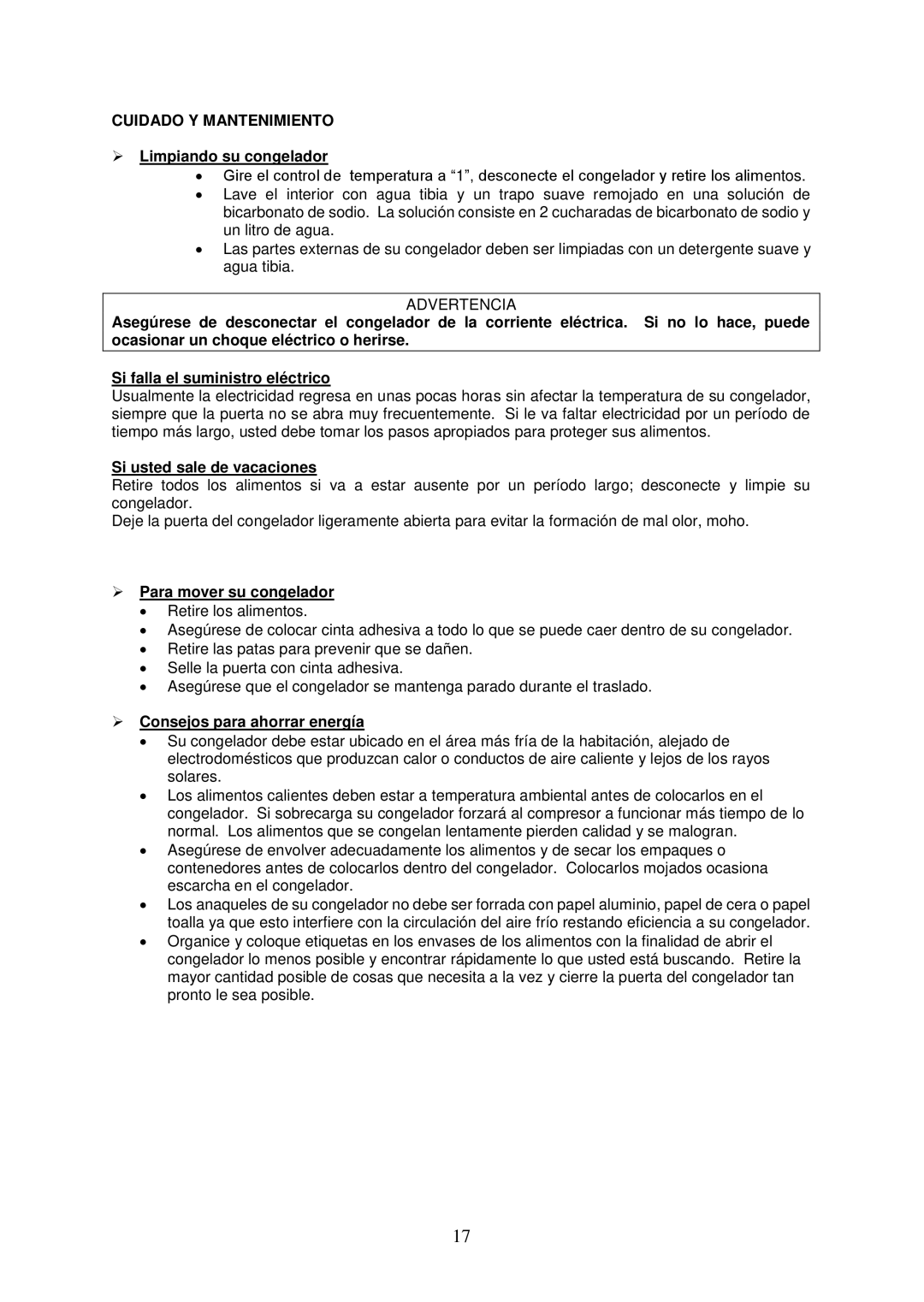 Avanti VF306 Cuidado Y Mantenimiento,  Limpiando su congelador, Si usted sale de vacaciones,  Para mover su congelador 